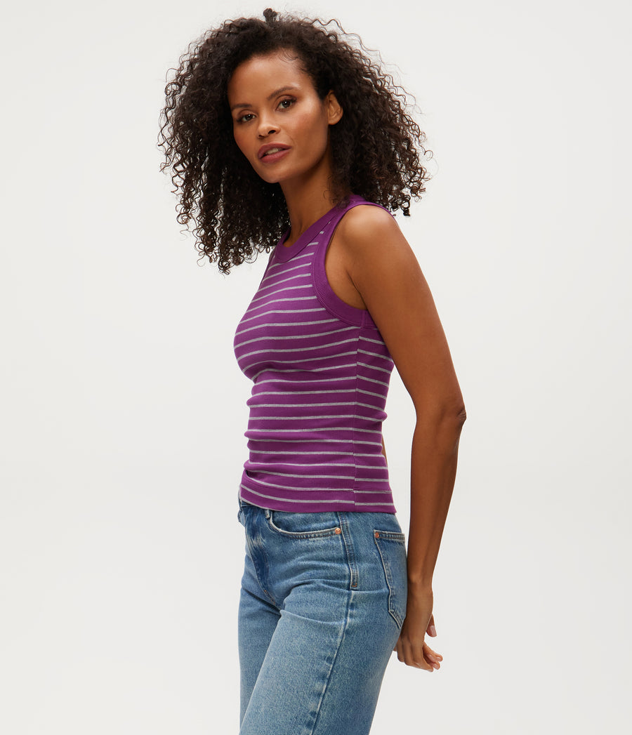 Gina Striped Ribbed Crop Tank in GRAPE PURPLE Striped Heather Grey Side View #GRAPE STRIPE