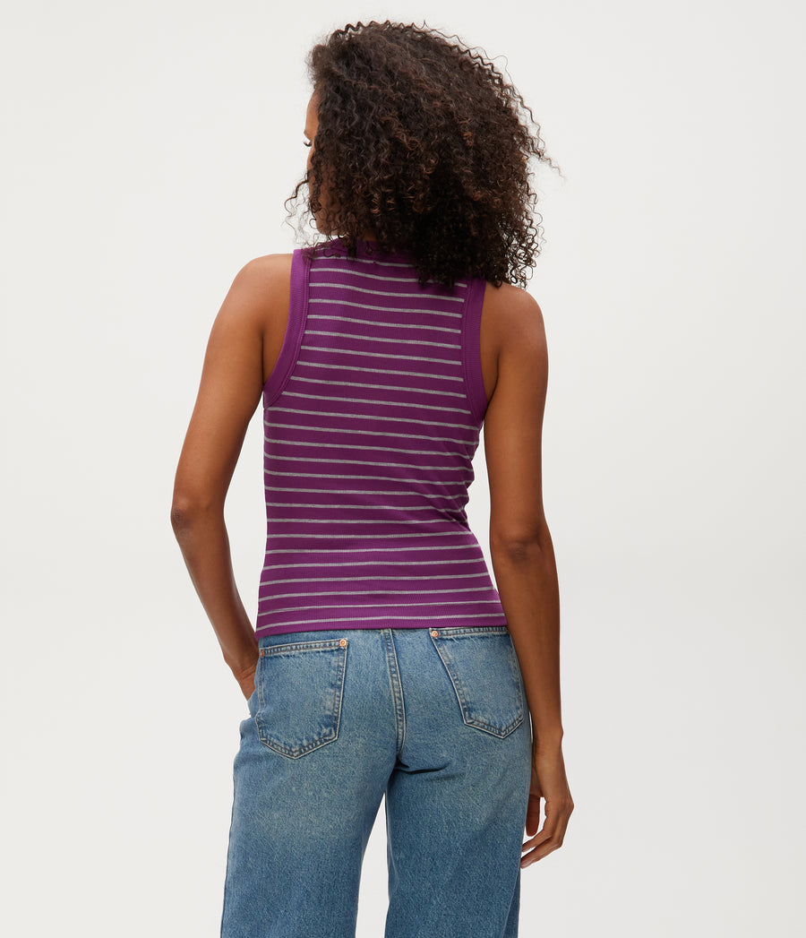 Gina Striped Ribbed Crop Tank in GRAPE PURPLE Striped Heather Grey Back View #GRAPE STRIPE
