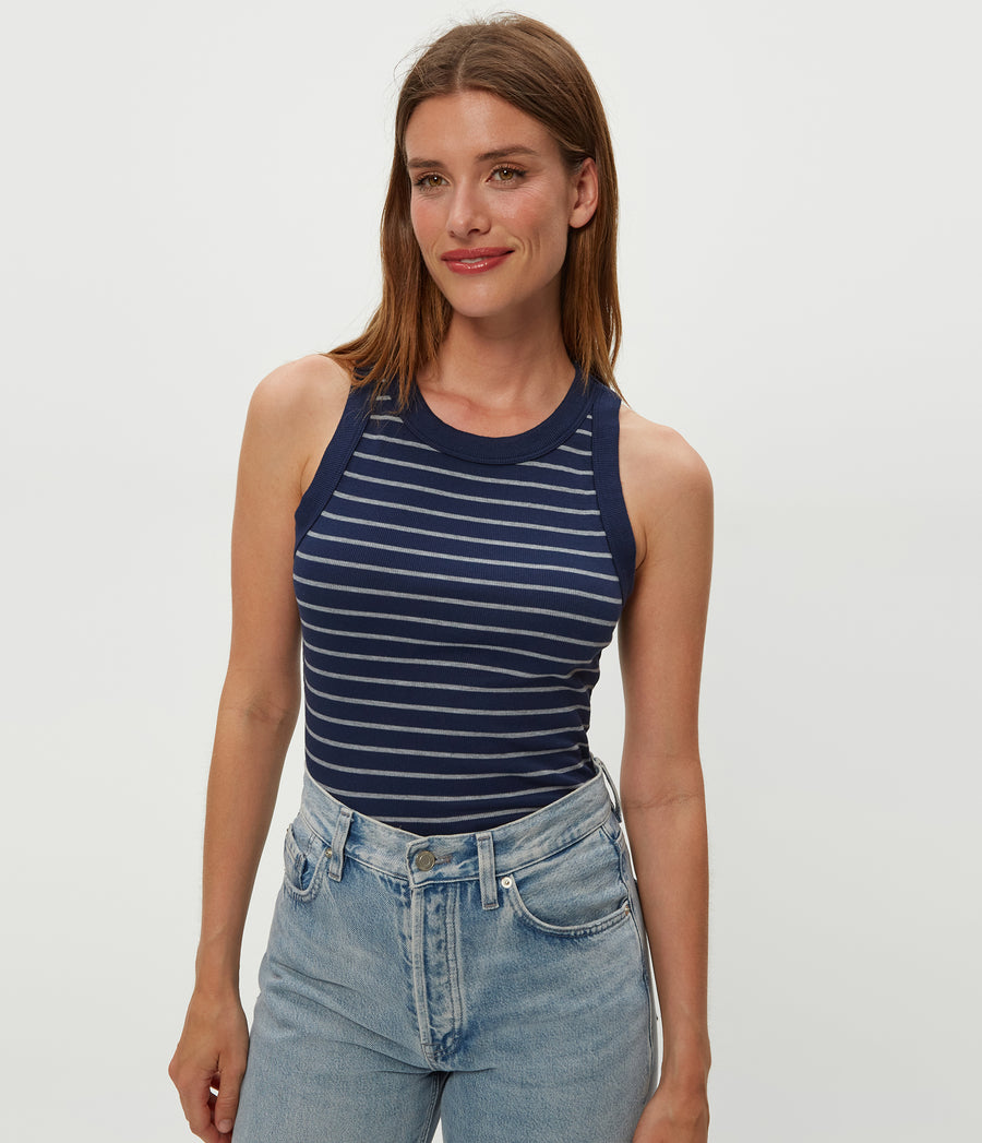 Gina Striped Ribbed Crop Tank in Nocturnal Blue Striped Heather Grey Close up View #NOCTURNAL STRIPE