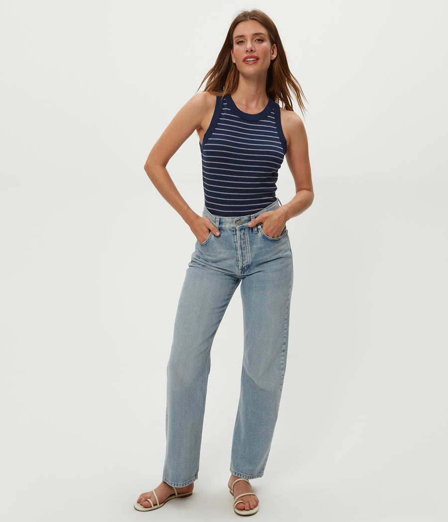 Gina Striped Ribbed Crop Tank in Nocturnal Blue Striped Heather Grey Full Body View #NOCTURNAL STRIPE