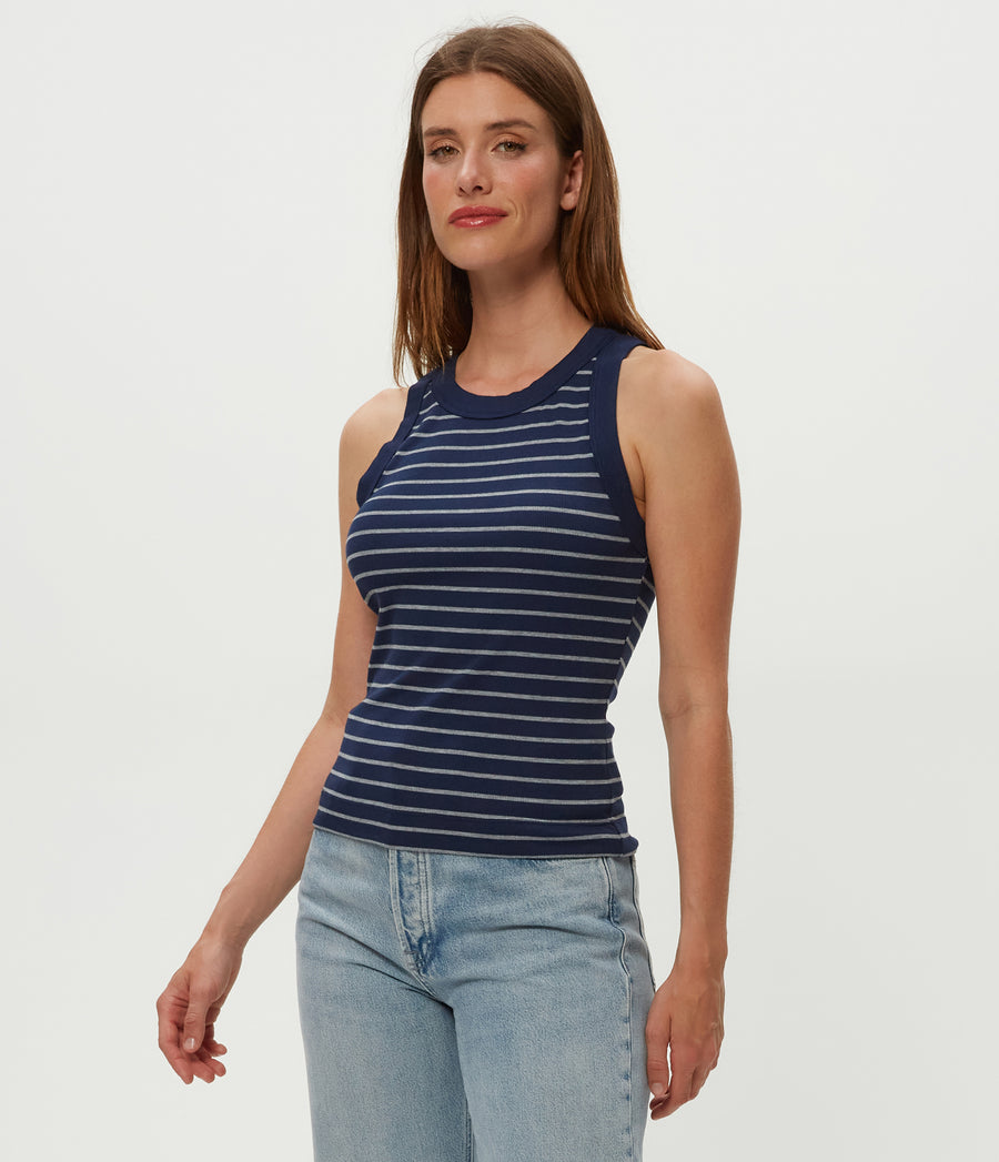 Gina Striped Ribbed Crop Tank in Nocturnal Blue Striped Heather Grey Side View #NOCTURNAL STRIPE