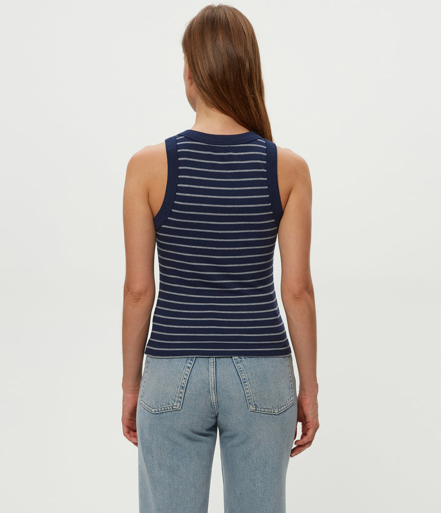 Gina Striped Ribbed Crop Tank in Nocturnal Blue Striped Heather Grey Back View #NOCTURNAL STRIPE