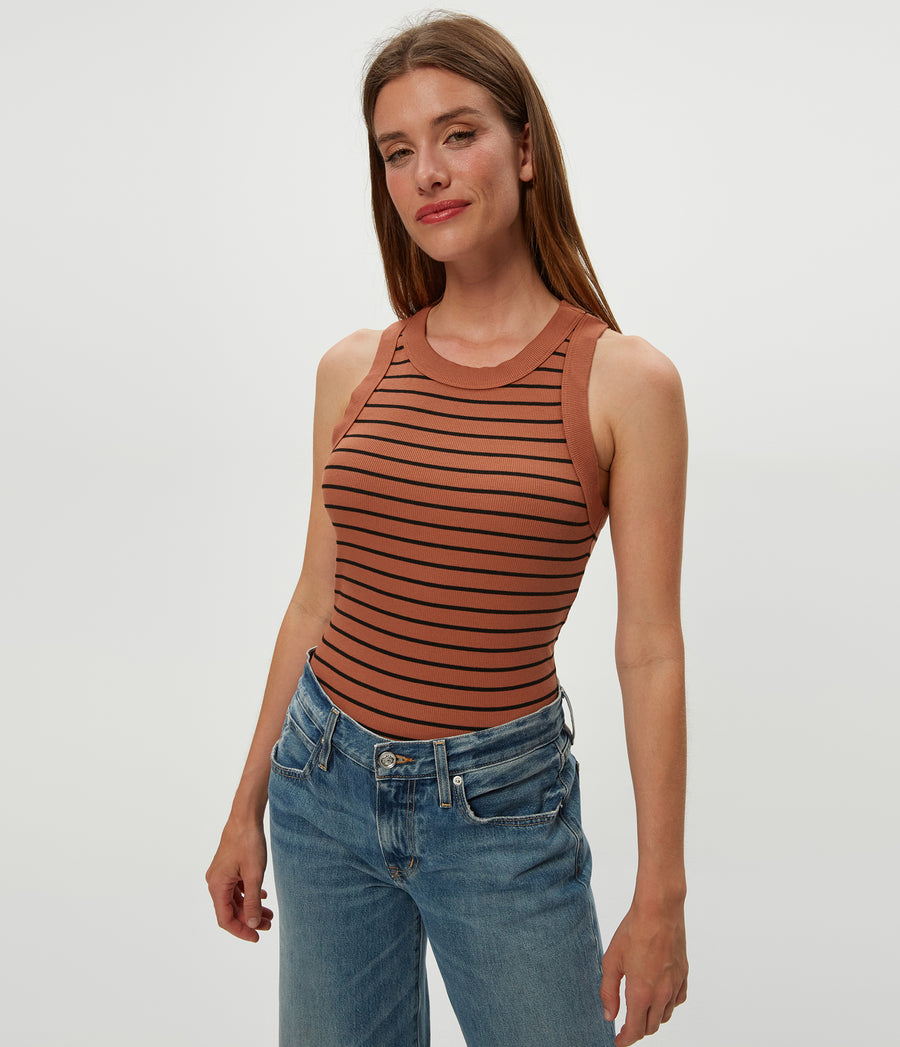 Gina Striped Ribbed Crop Tank in TERRA Orange Striped Black Close Up View #TERRA STRIPE