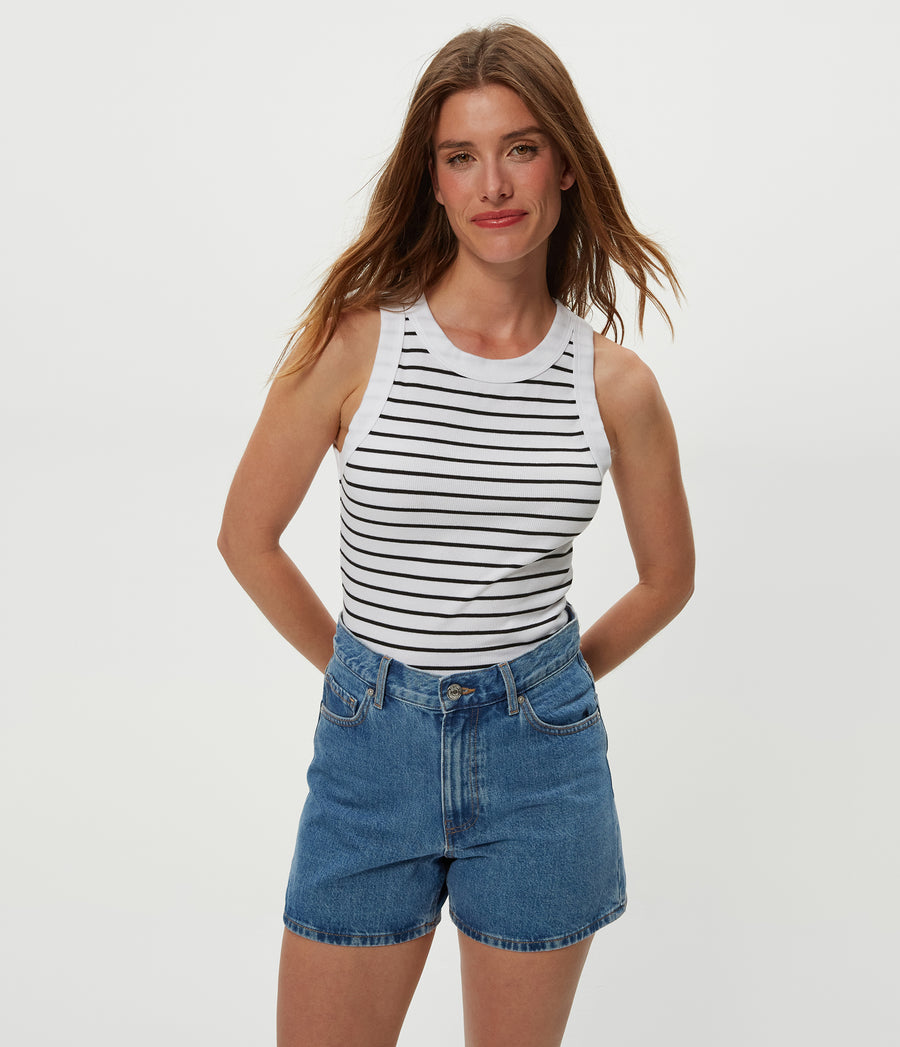 Gina Striped Ribbed Crop Tank in White Striped Black Close up View #WHITE STRIPE