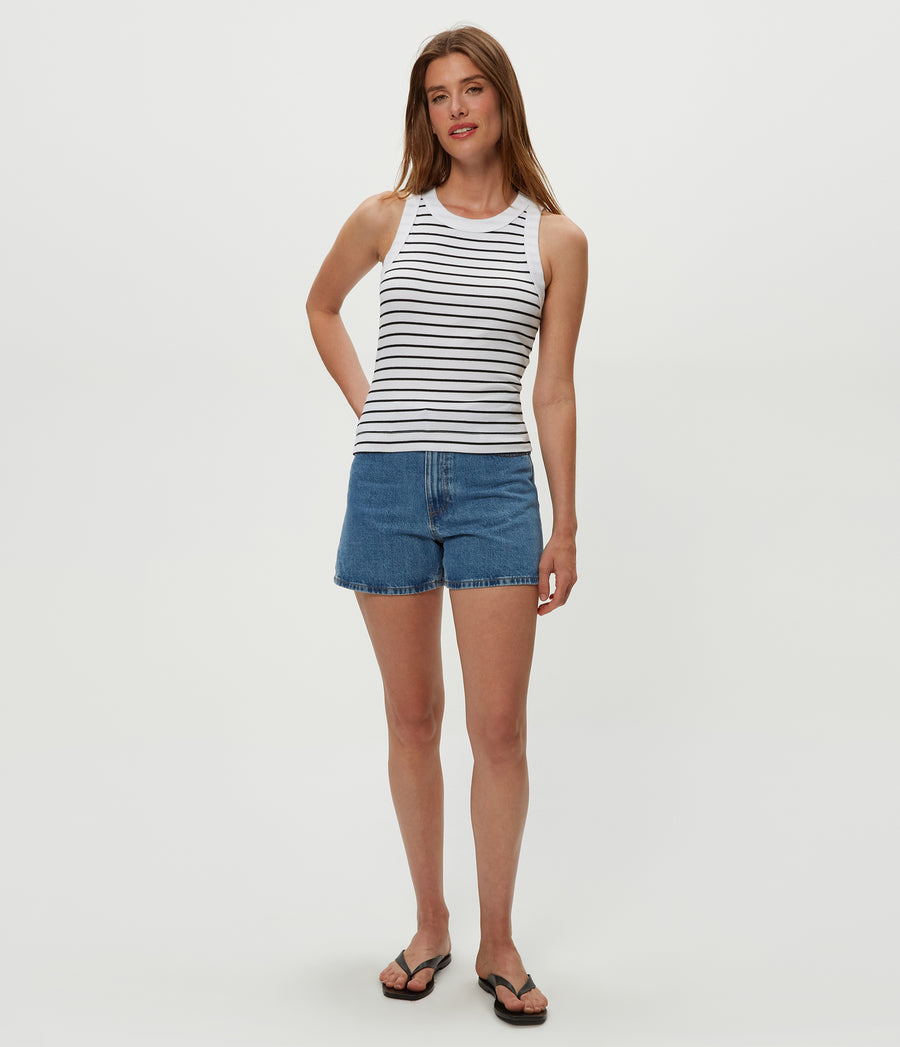 Gina Striped Ribbed Crop Tank in White Striped Black Full Body View #WHITE STRIPE