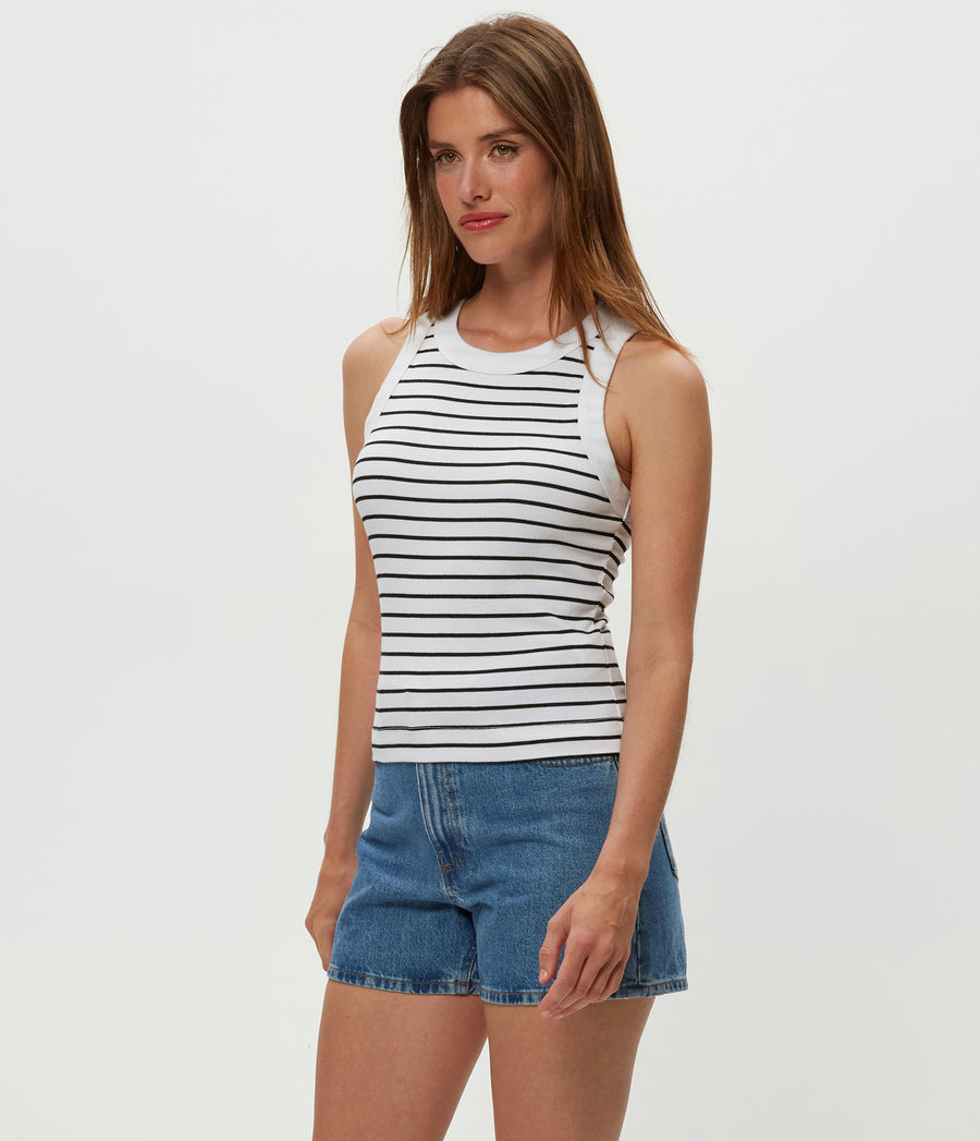 Gina Striped Ribbed Crop Tank in White Striped Black Side View #WHITE STRIPE