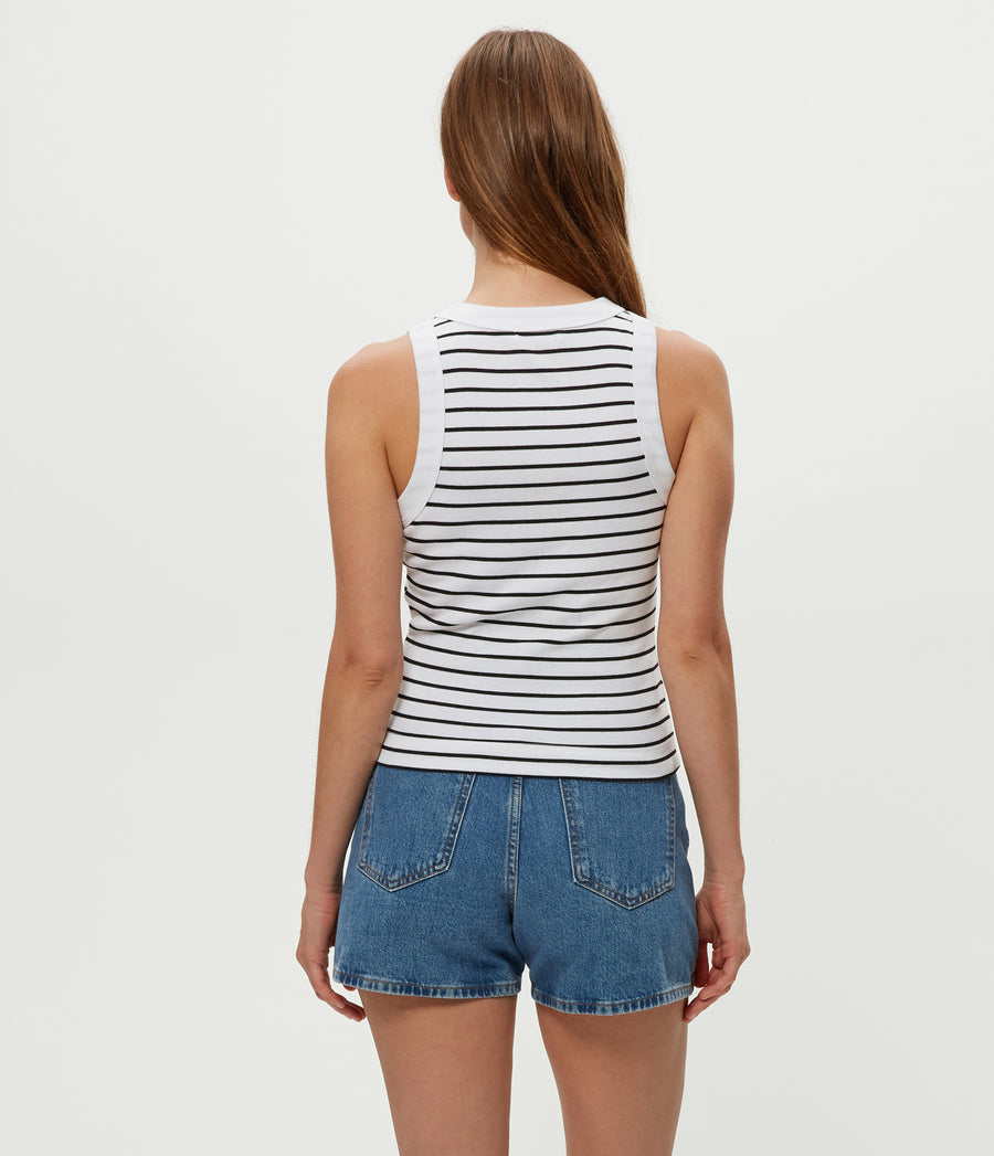 Gina Striped Ribbed Crop Tank in White Striped Black Back View #WHITE STRIPE