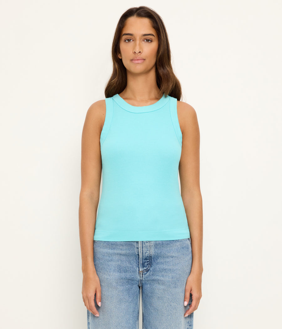 Gina Ribbed Crop Tank in ARUBA BLUE GREEN Full Body View #ARUBA