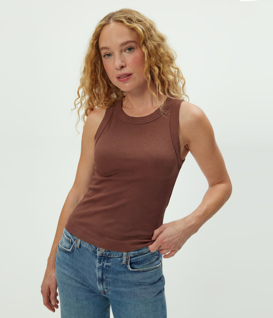 Gina Ribbed Crop Tank in BARK BROWN Close up View #BARK