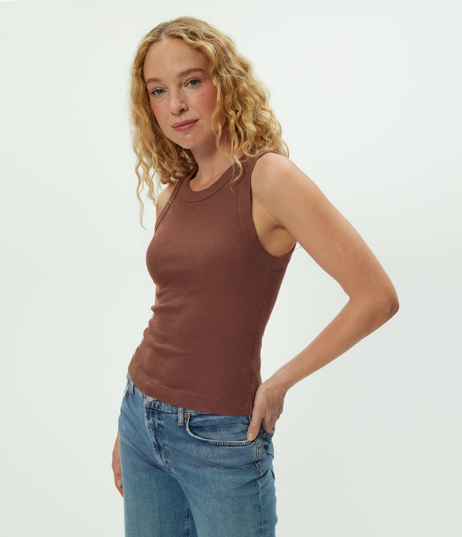 Gina Ribbed Crop Tank in Bark Brown Side View #BARK