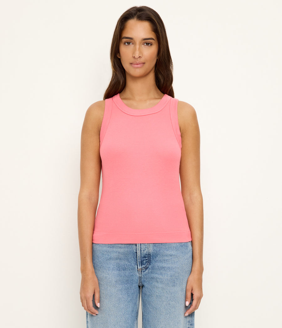 Gina Ribbed Crop Tank in CORAL SHERBET PINK Full Body View #CORAL SHERBET