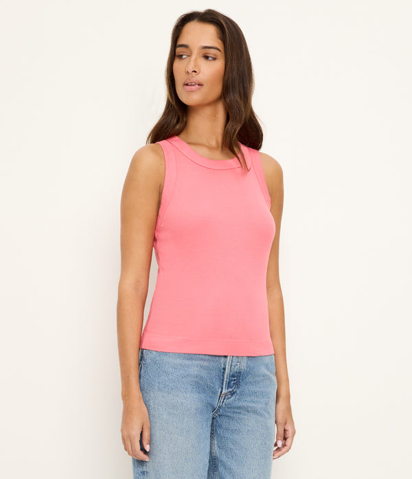 Gina Ribbed Crop Tank in CORAL SHERBET PINK Close up View #CORAL SHERBET