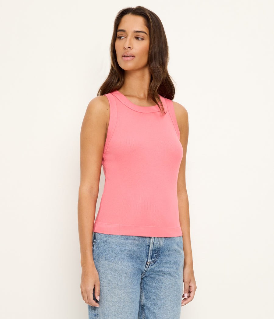 Gina Ribbed Crop Tank in CORAL SHERBET PINK Close up View #CORAL SHERBET