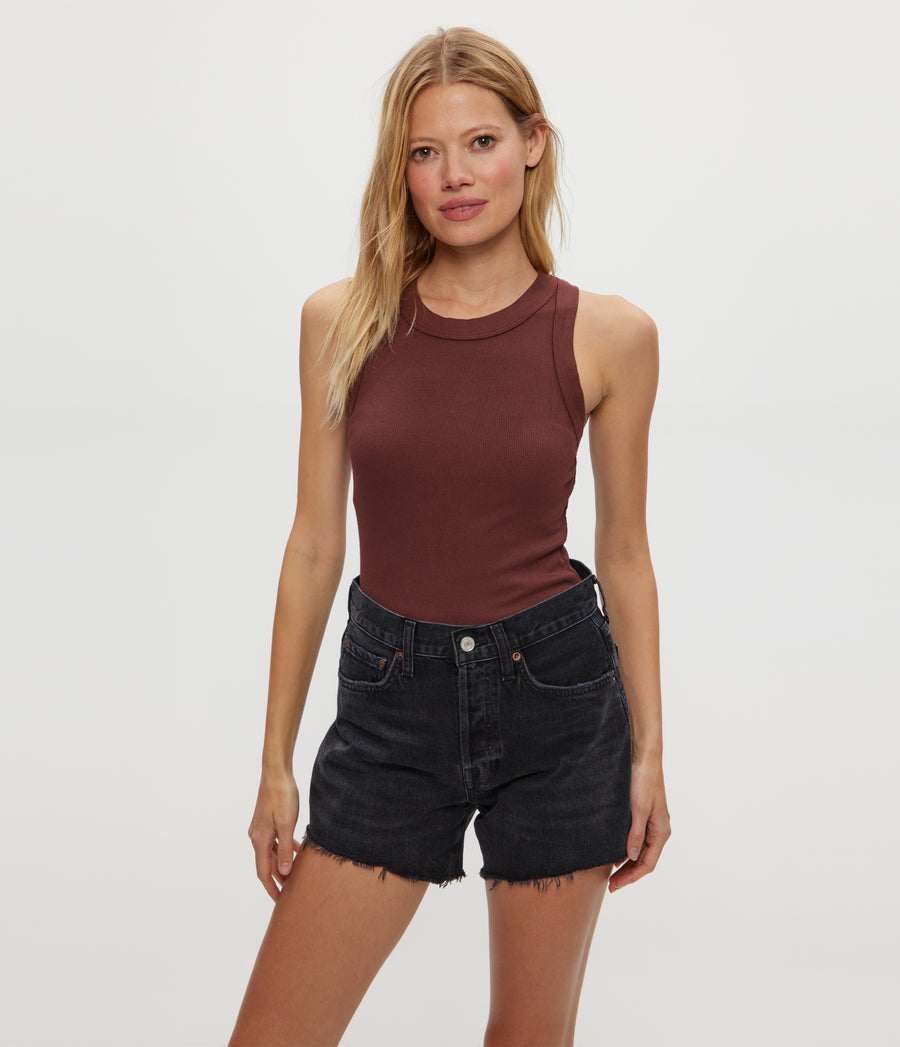 Gina Ribbed Crop Tank in ESPRESSO Brown Close Up View #ESPRESSO