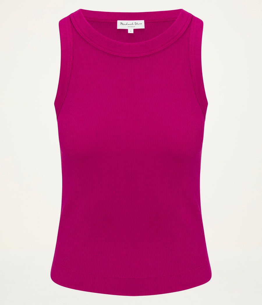Gina Ribbed Crop Tank in FRENCH ROSE RED Close Up View  #FRENCH ROSE