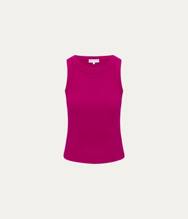 Gina Ribbed Crop Tank in FRENCH ROSE RED Close Up View  #FRENCH ROSE