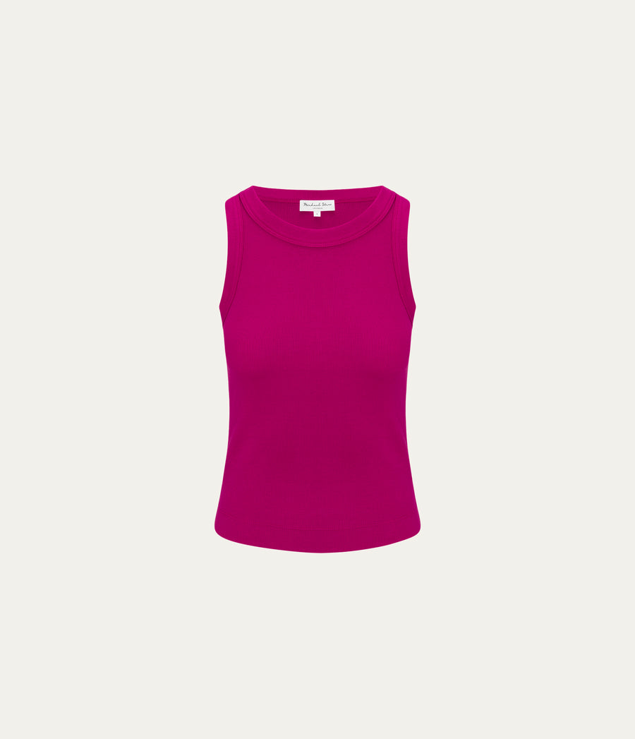 Gina Ribbed Crop Tank in FRENCH ROSE RED Close Up View  #FRENCH ROSE