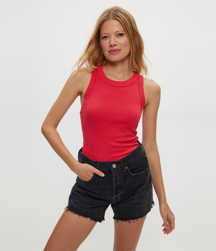 Gina Ribbed Crop Tank in Rumba Red Full Body View #RUMBA