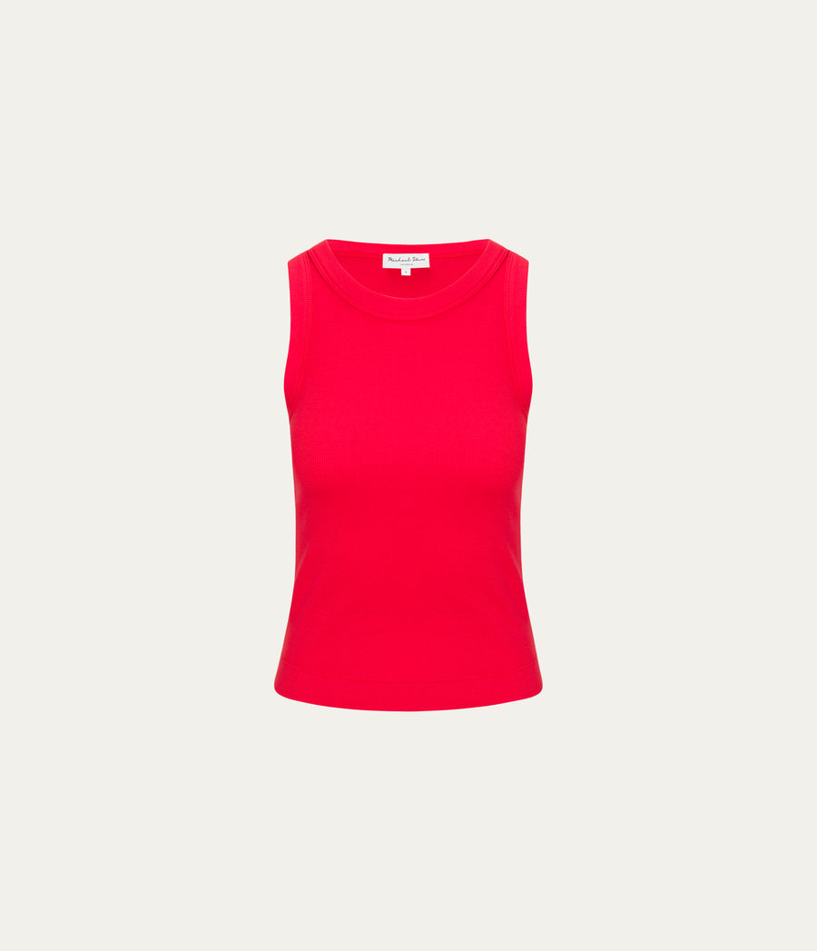 Gina Ribbed Crop Tank in SAMBA RED Close up View #SAMBA