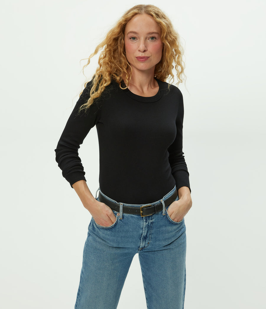 Zola Ribbed Tee in Black Close up View #BLACK