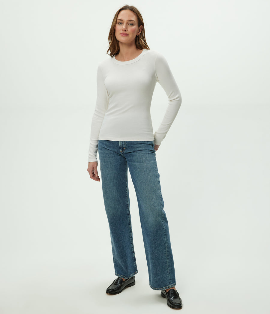 Zola Ribbed Tee in Chalk White Full Body View #CHALK