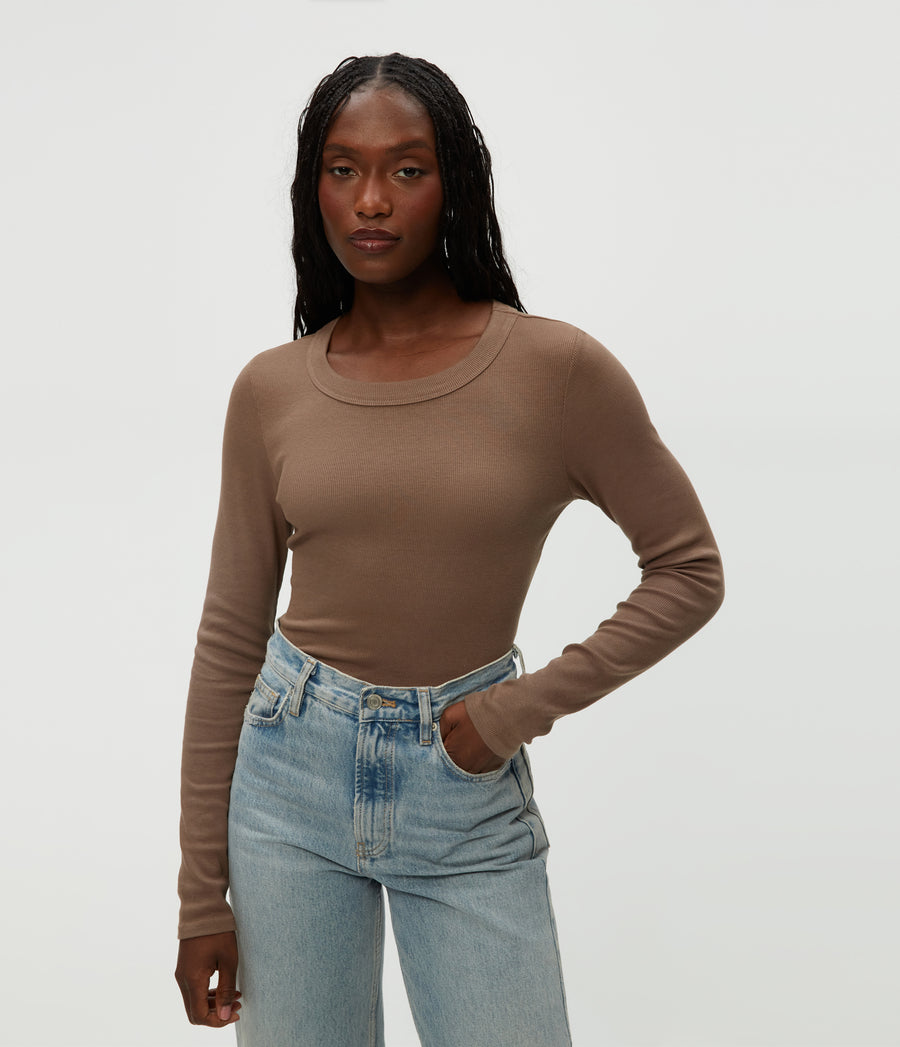 Zola Ribbed Tee in Cobblestone Brown Close Up View #COBBLESTONE