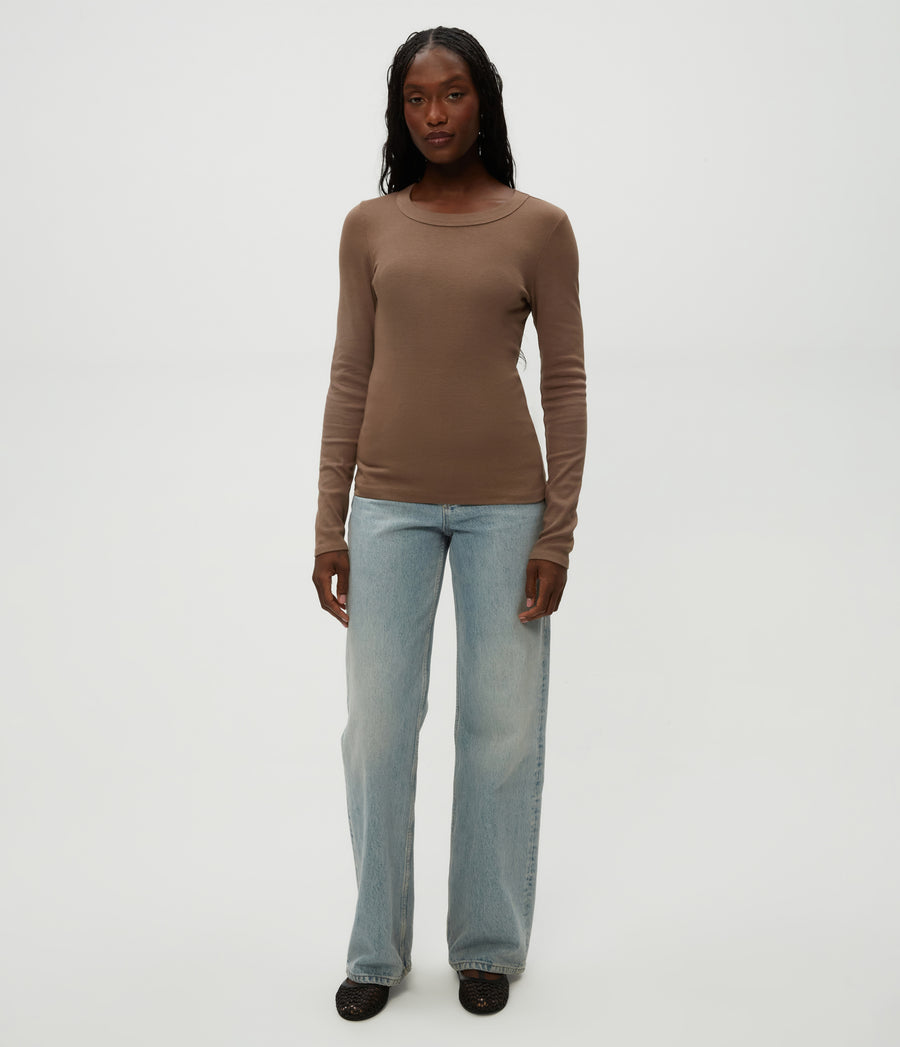 Zola Ribbed Tee in Cobblestone Brown Full Body View #COBBLESTONE