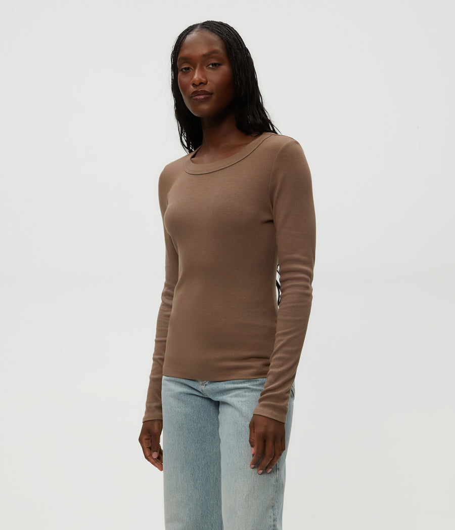 Zola Ribbed Tee in Cobblestone Brown Side View #COBBLESTONE