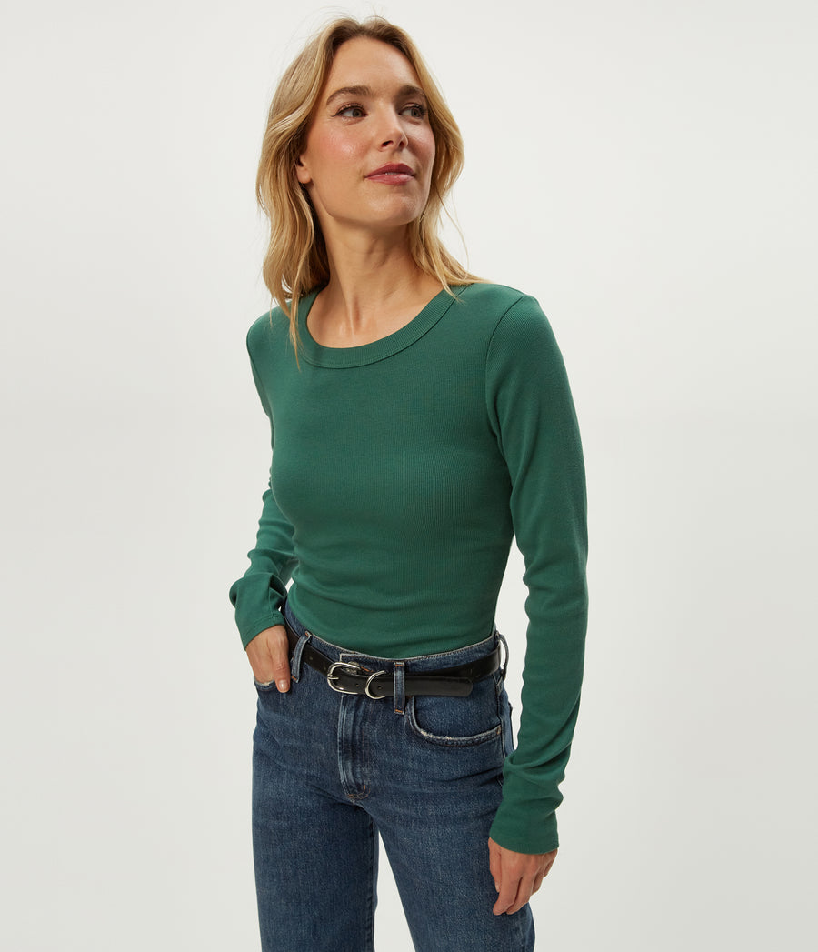 Zola Ribbed Tee in Emerald GREEN Side View #EMERALD