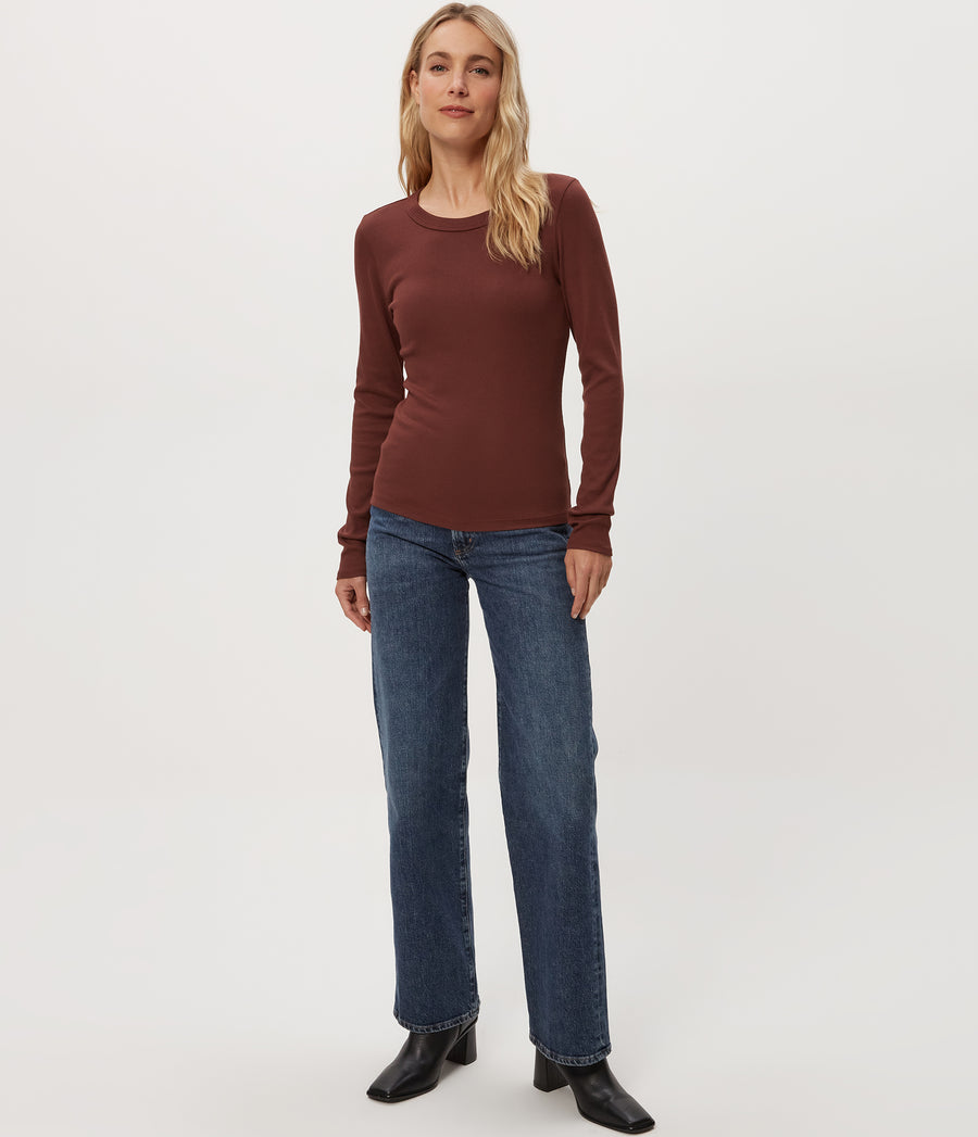 Zola Ribbed Tee in ESPRESSO Brown Full Body View #ESPRESSO