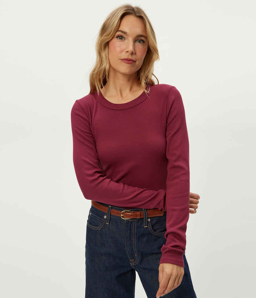 Zola Ribbed Tee in Garnet Red Close Up View #GARNET