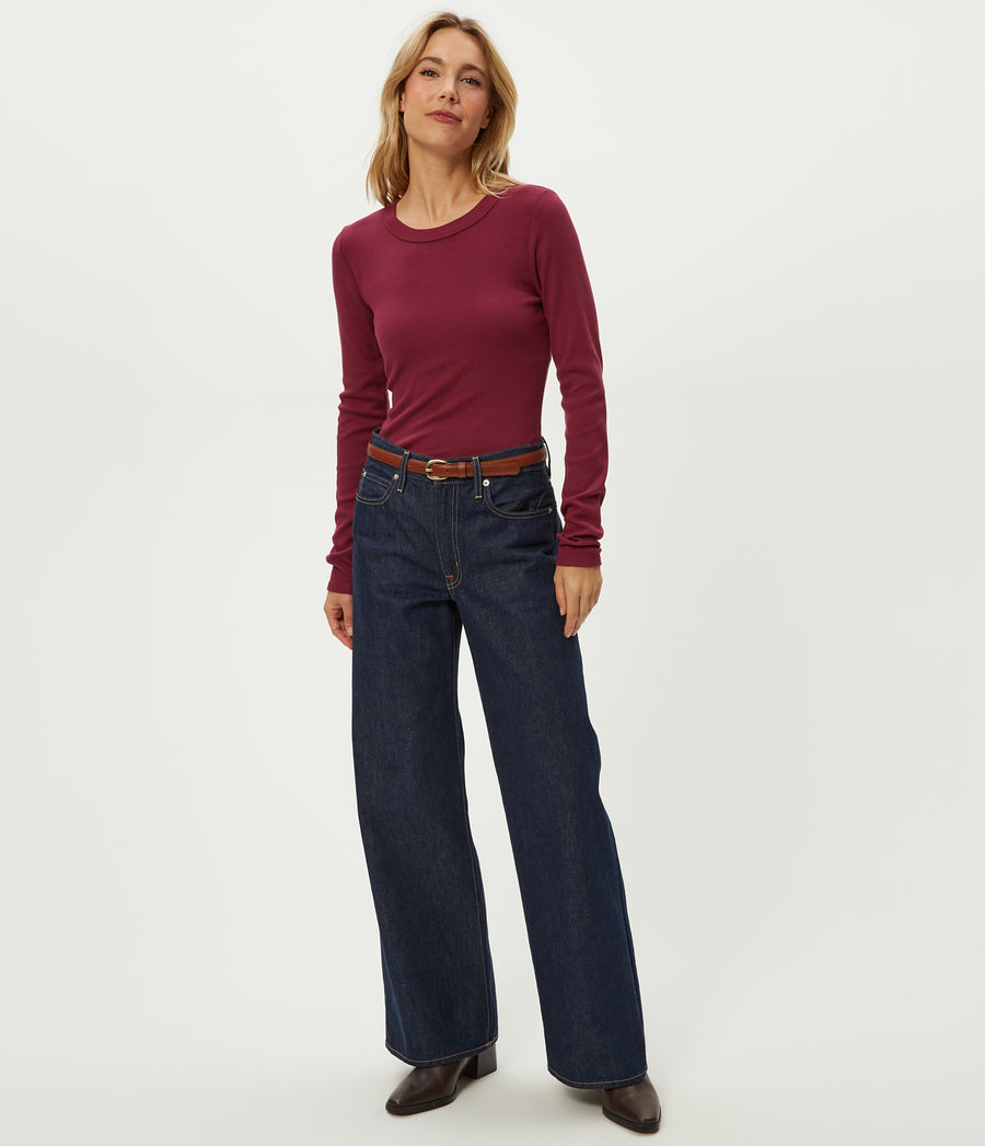 Zola Ribbed Tee in Garnet Red Full Body View #GARNET