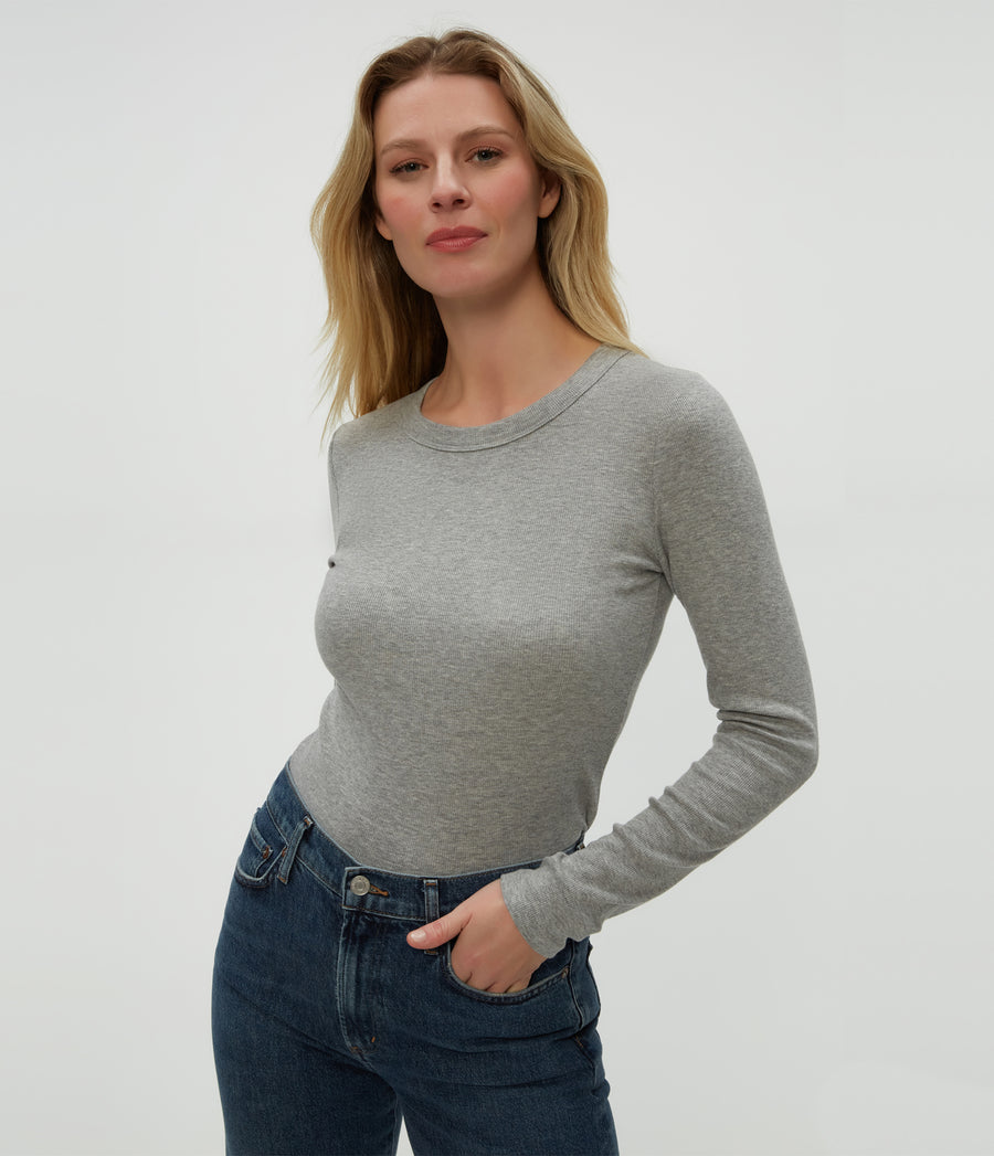 Zola Ribbed Tee in Heather Grey Grey Close Up View #HEATHER GREY