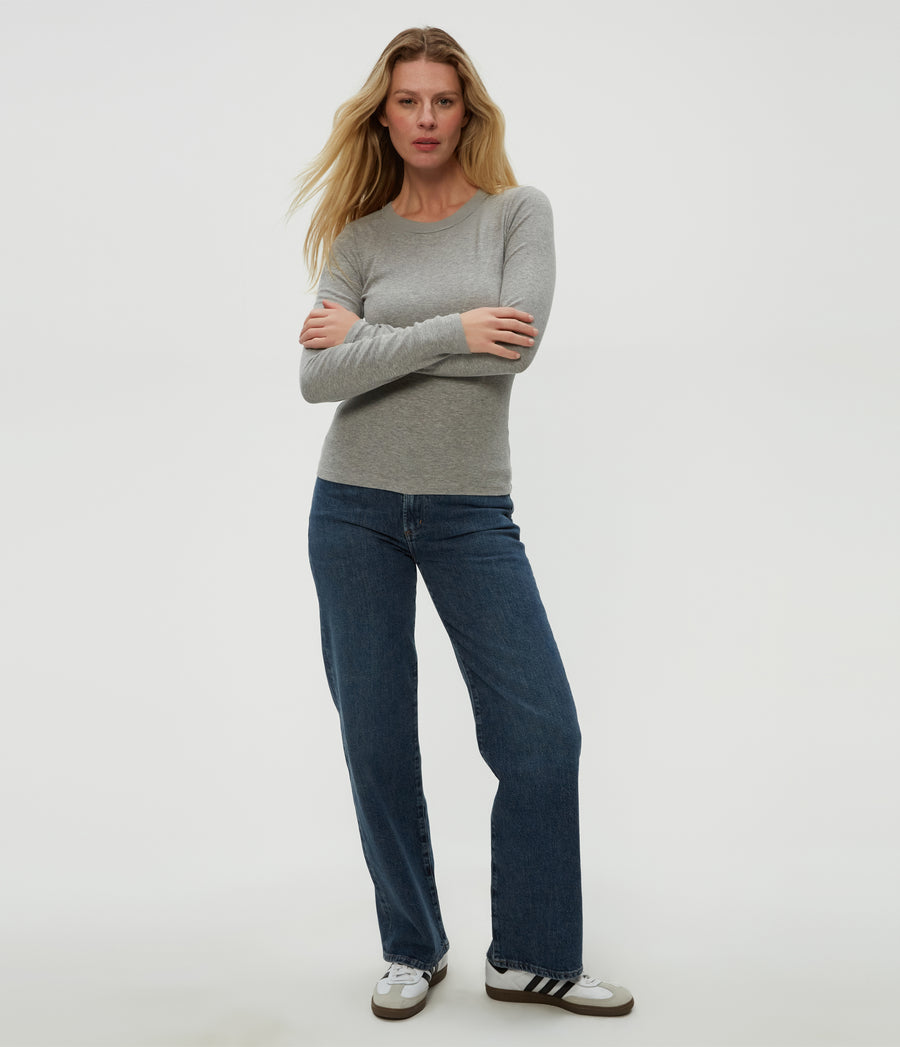 Zola Ribbed Tee in Heather Grey Grey Full Body View #HEATHER GREY
