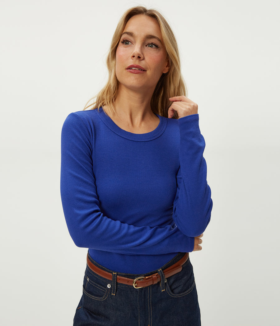 Zola Ribbed Tee in Lapis Blue Close Up View #LAPIS