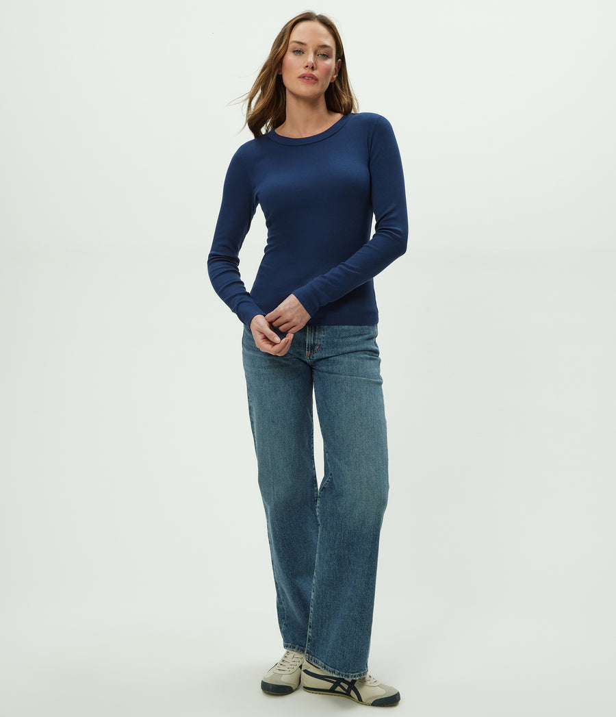 Zola Ribbed Tee in Nocturnal Blue Full Body View #NOCTURNAL
