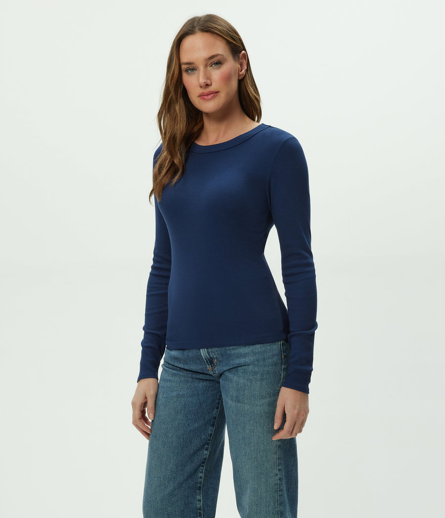 Zola Ribbed Tee in Nocturnal Blue Side View #NOCTURNAL
