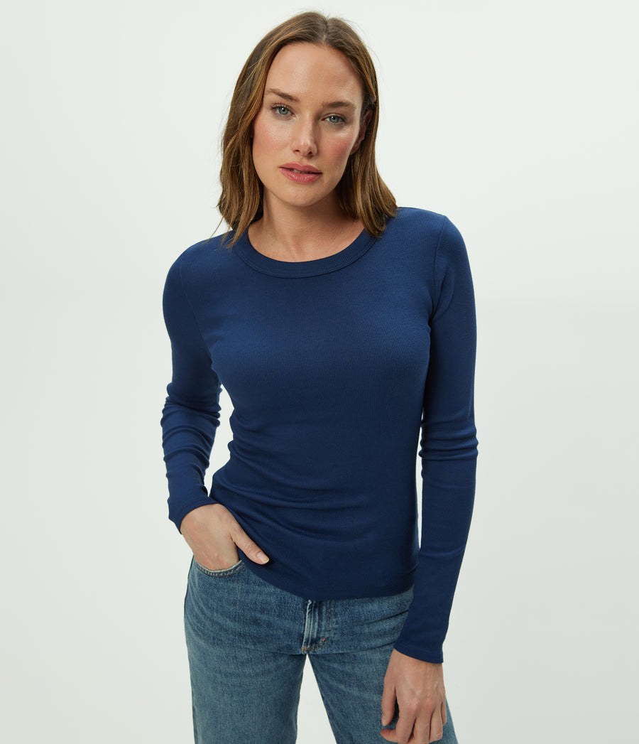 Zola Ribbed Tee in Nocturnal Blue Close up View  #NOCTURNAL