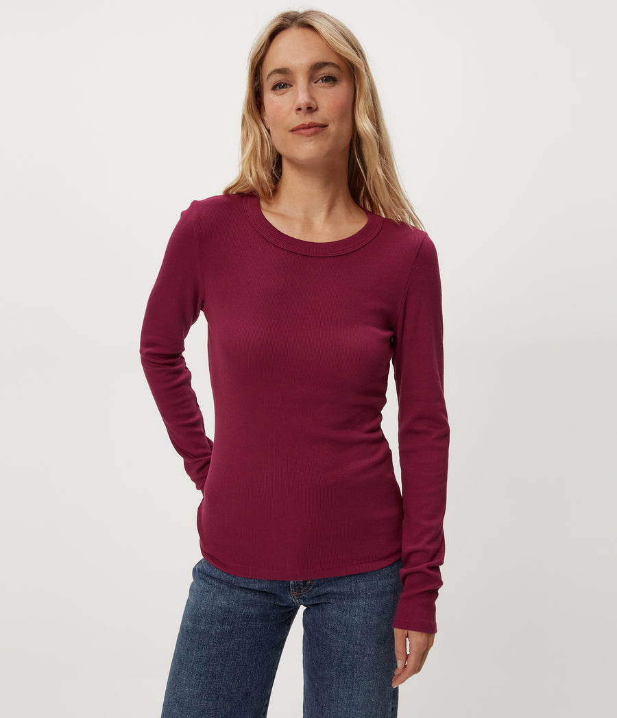Zola Ribbed Tee in RUBY RED Combo Close up View #RUBY