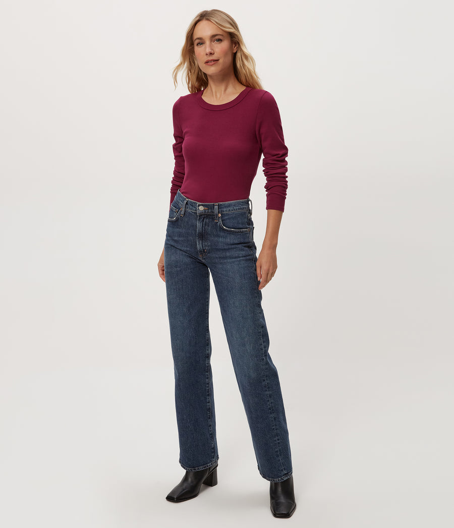 Zola Ribbed Tee in RUBY RED Combo Full Body View #RUBY