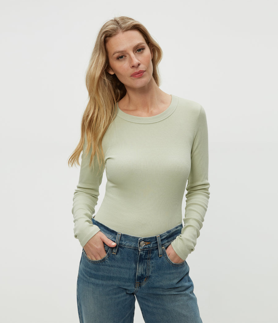 Zola Ribbed Tee in Seacrest Green Close Up View #SEACREST