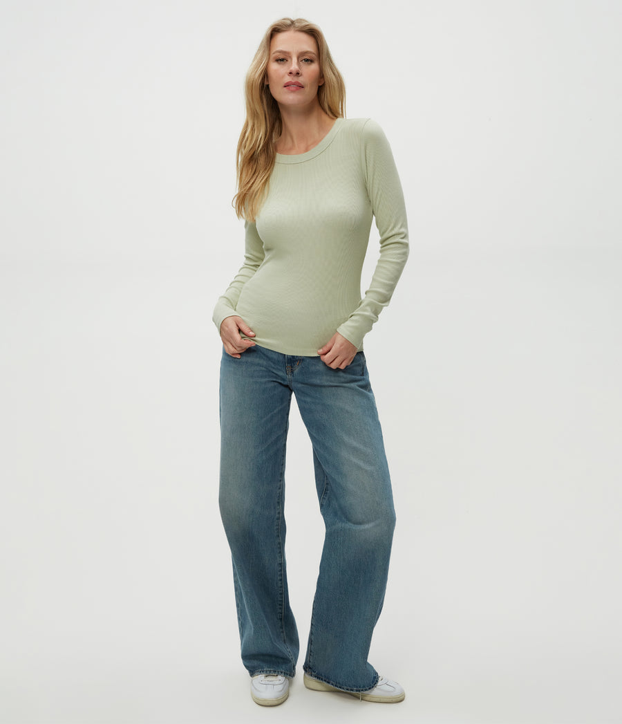 Zola Ribbed Tee in Seacrest Green Full Body View #SEACREST