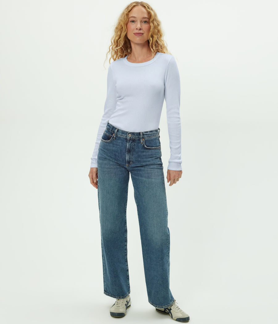 Zola Ribbed Tee in SPLASH Blue Full Body View #SPLASH