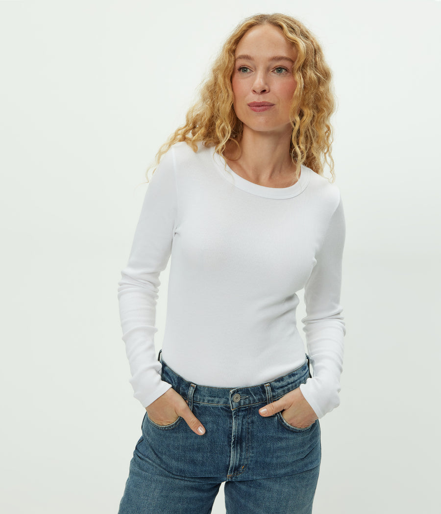 Zola Ribbed Tee in White Close up View #WHITE