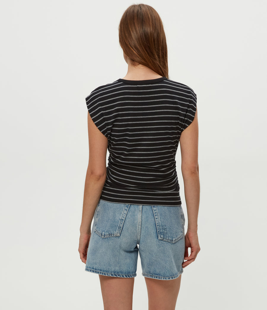 Joni Striped Power Shoulder Tee in Black Striped Heather Grey Back View #BLACK STRIPE