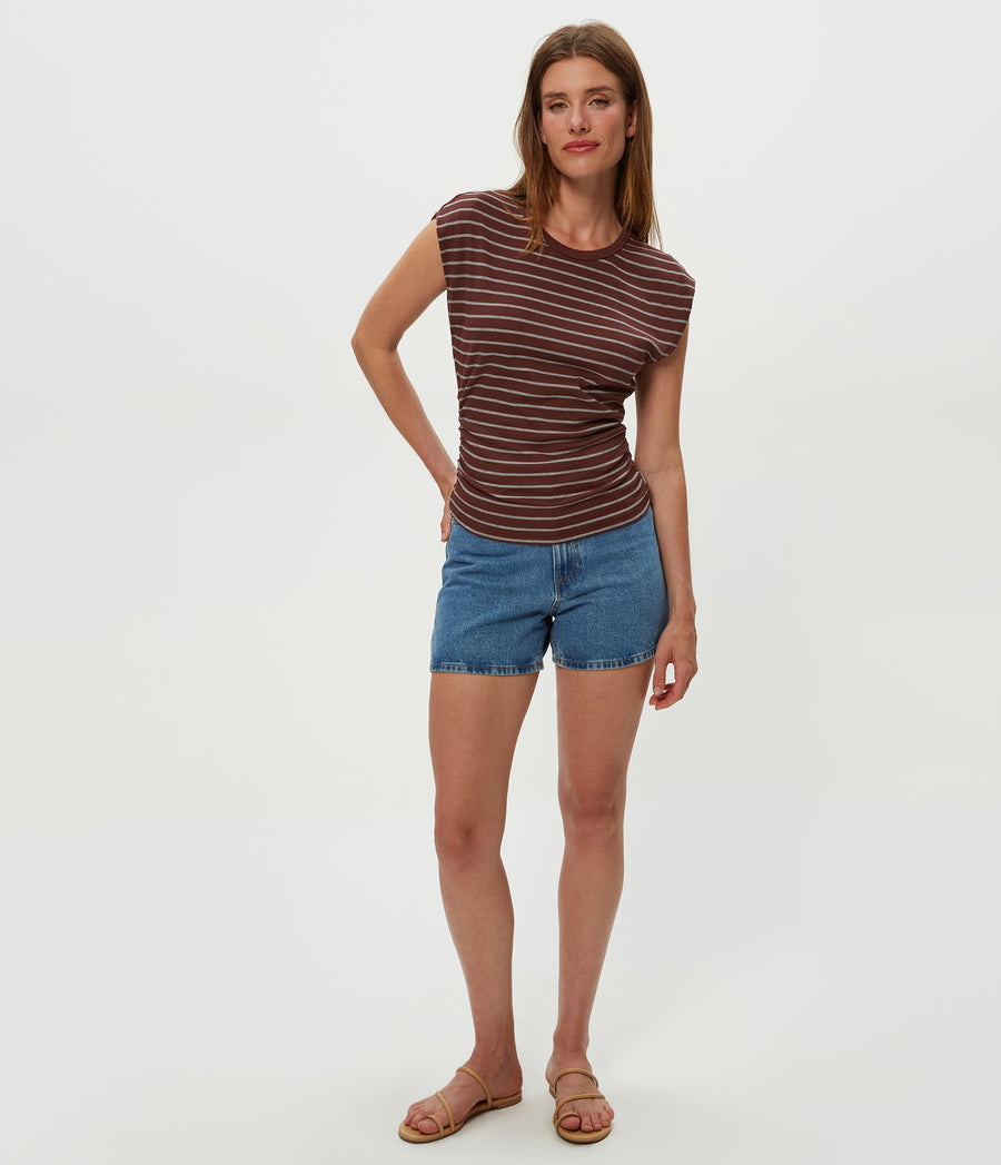 Joni Striped Power Shoulder Tee in ESPRESSO Brown Striped Heather Grey Full Body View #ESPRESSO STRIPE