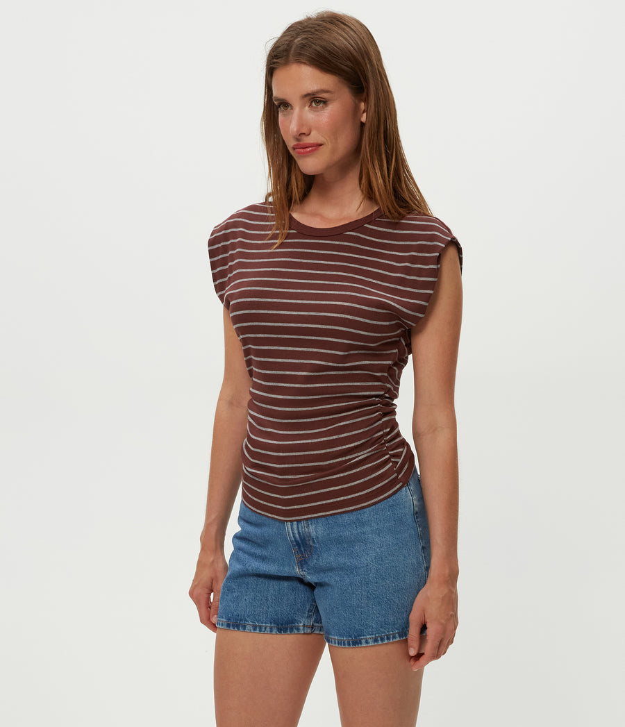 Joni Striped Power Shoulder Tee in ESPRESSO Brown Striped Heather Grey Side View #ESPRESSO STRIPE