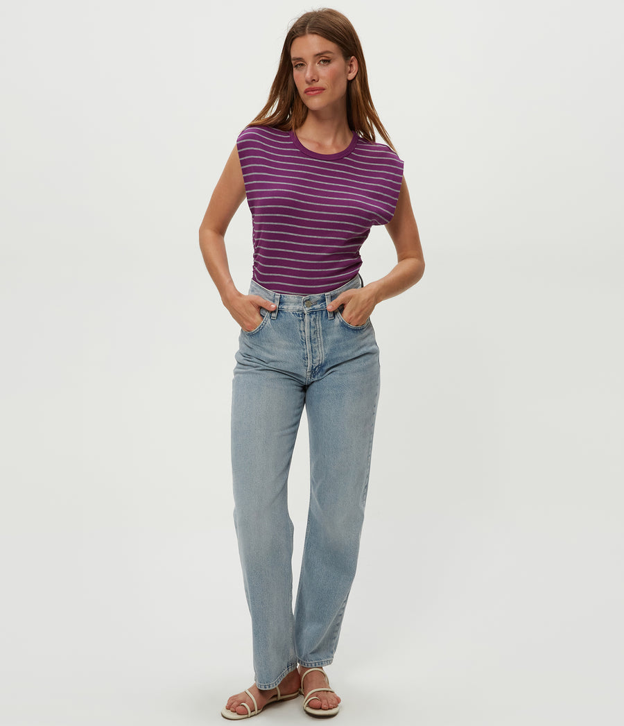 Joni Striped Power Shoulder Tee in GRAPE PURPLE Striped Heather Grey Full Body View #GRAPE STRIPE
