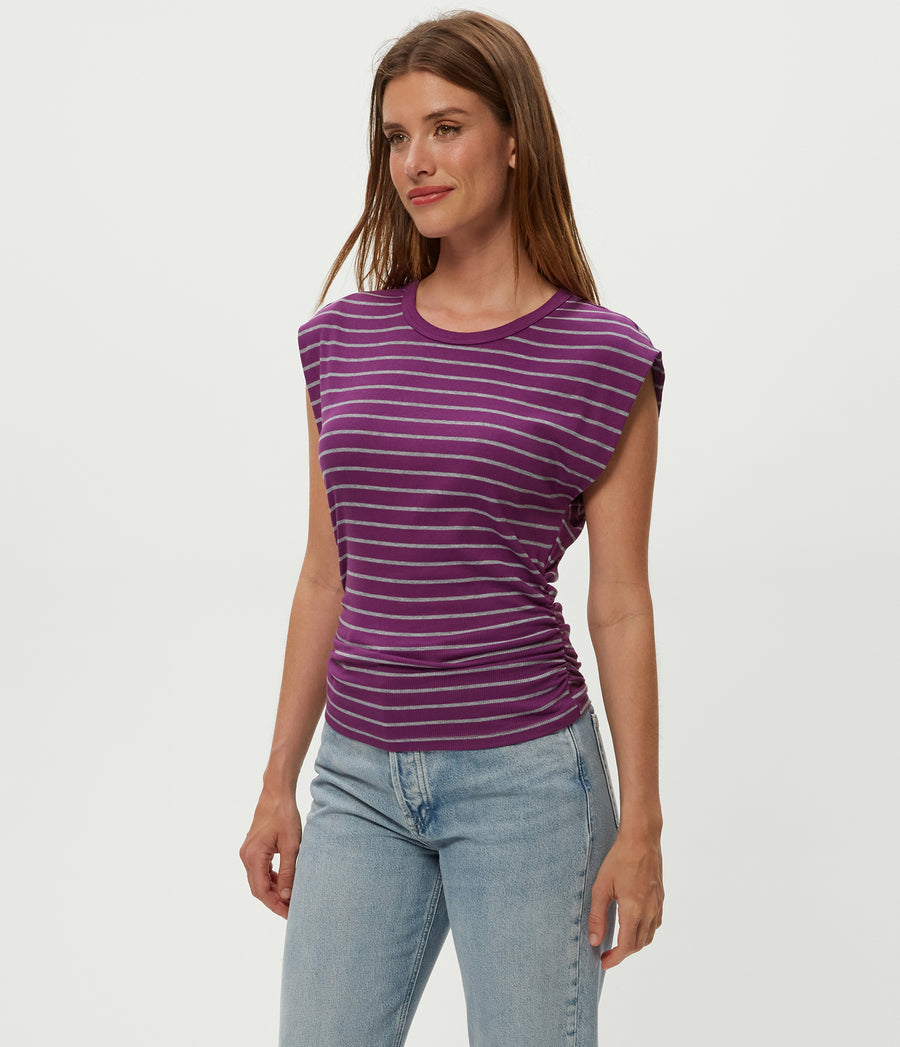 Joni Striped Power Shoulder Tee in GRAPE PURPLE Striped Heather Grey Side View #GRAPE STRIPE