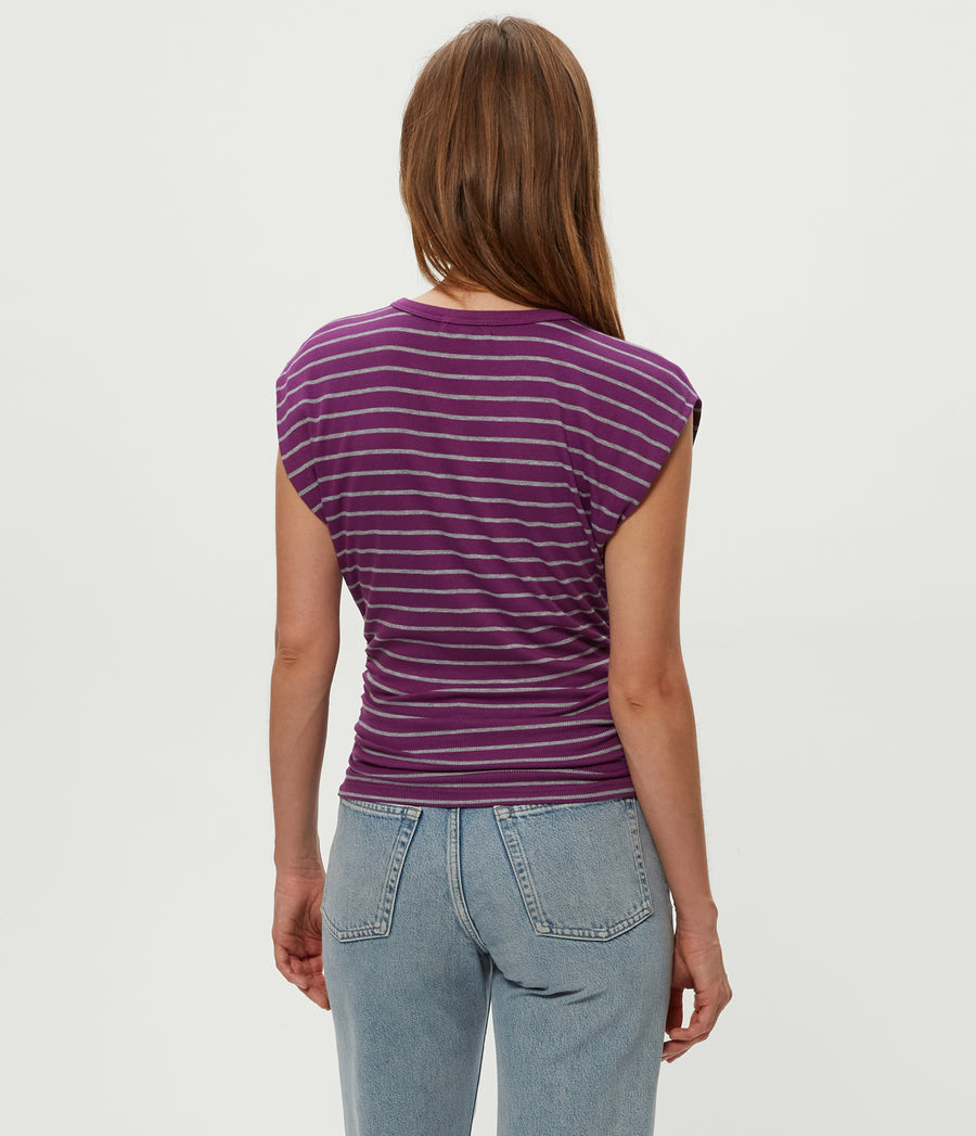 Joni Striped Power Shoulder Tee in GRAPE PURPLE Striped Heather Grey Back View #GRAPE STRIPE